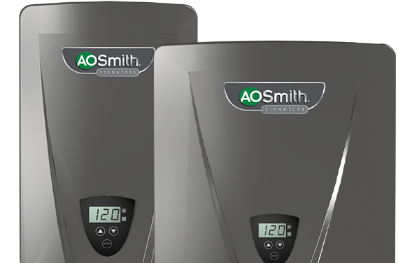 Two gray AO Smith electric tankless water heaters with digital displays.