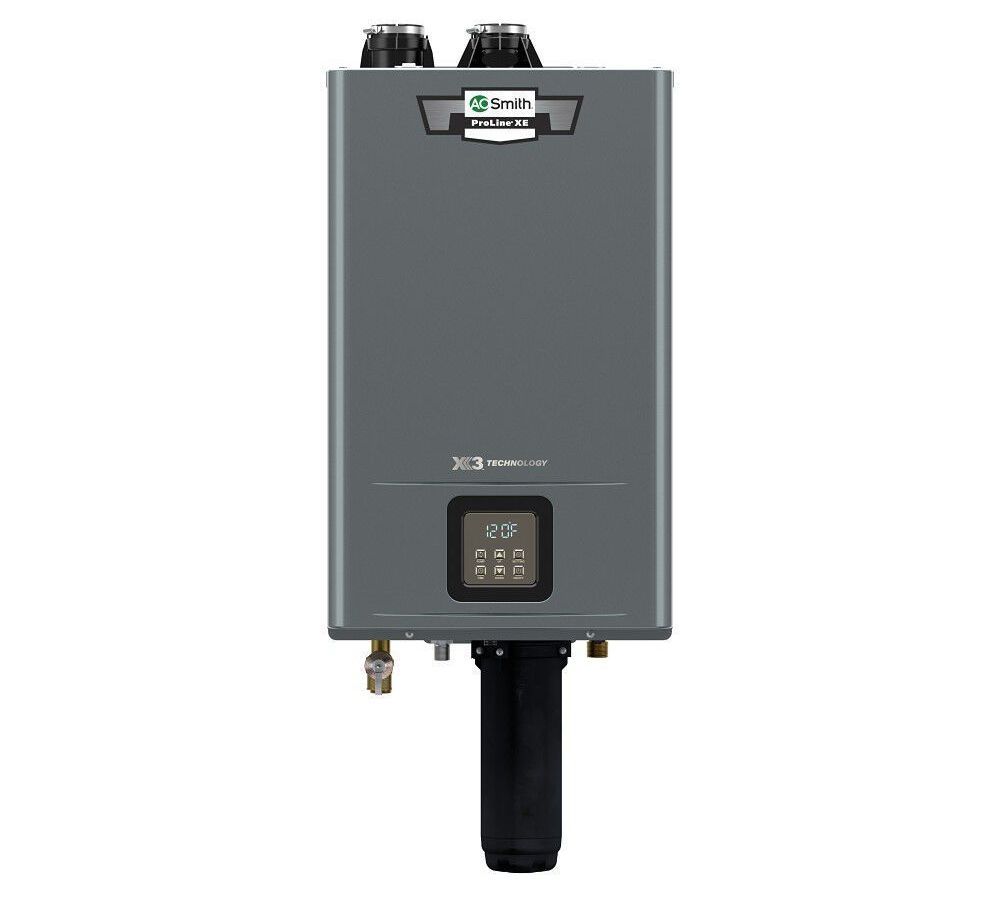 Gray tankless water heater with digital display and black vent pipes.