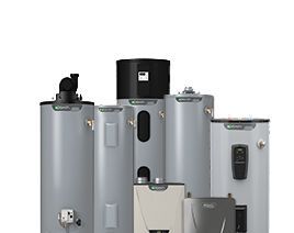 Several silver and gray water heaters of different sizes against a white background.
