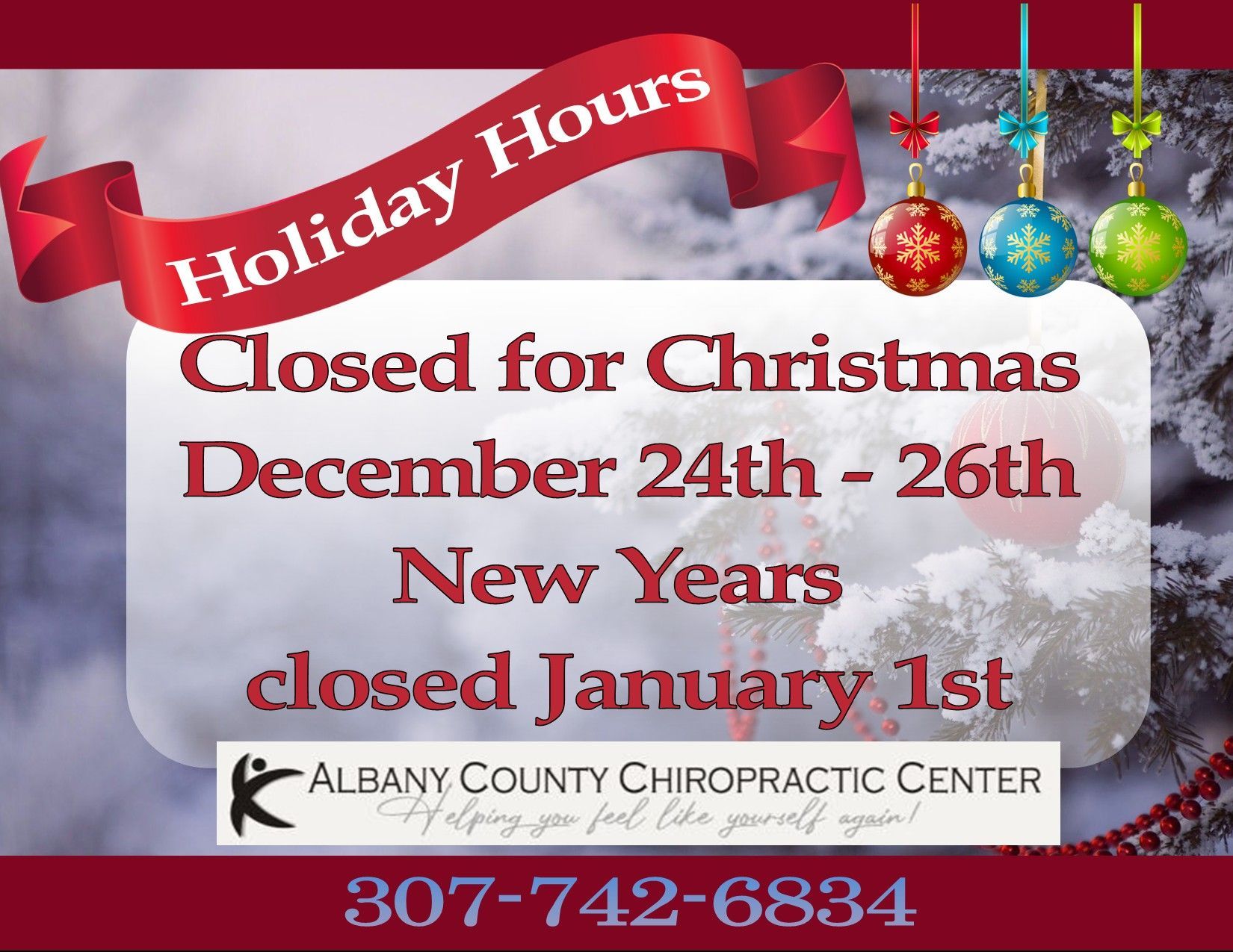 Holiday Hours announcement for Christmas 2025 and New Yeatrs 2026
