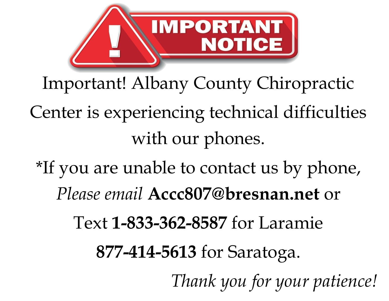 Important notice: Albany County Chiropractic Center has technical difficulties; contact via email or text instead of phone.