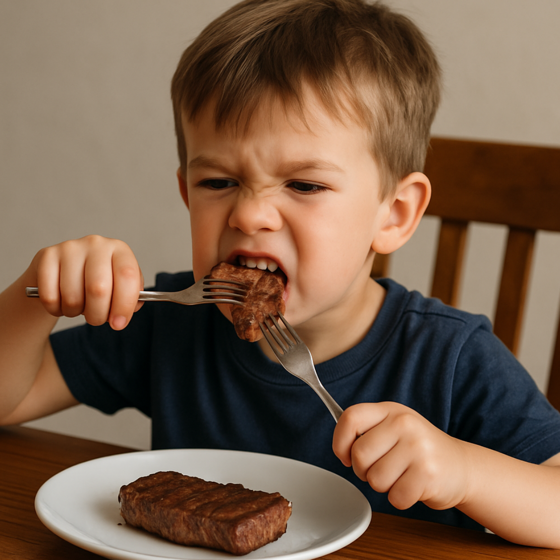 Boy aggressively eating steak with two forks, making a face.