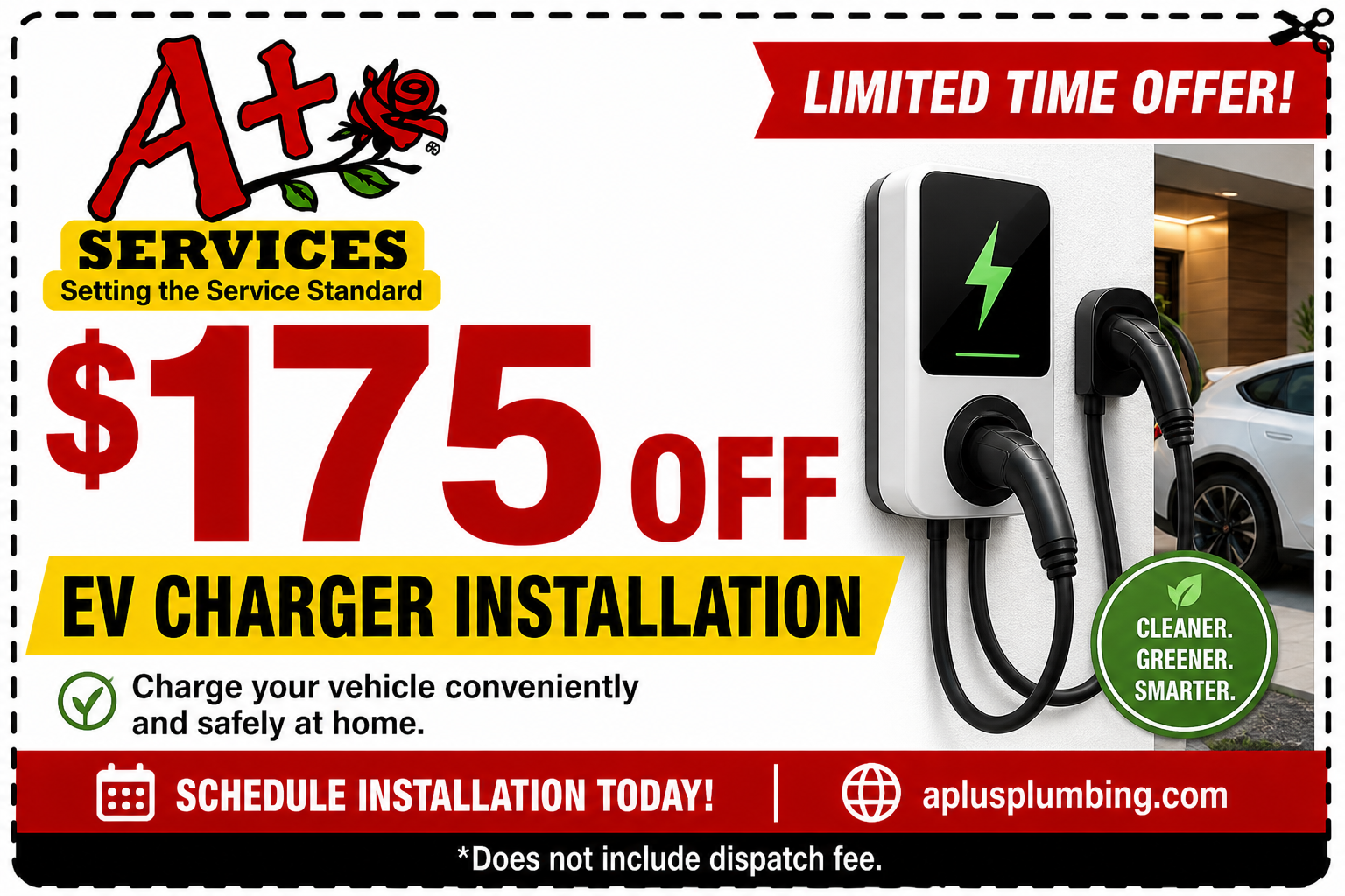 A+ Services ad: $175 off EV charger installation, with car charging at a home garage and limited-time offer banner