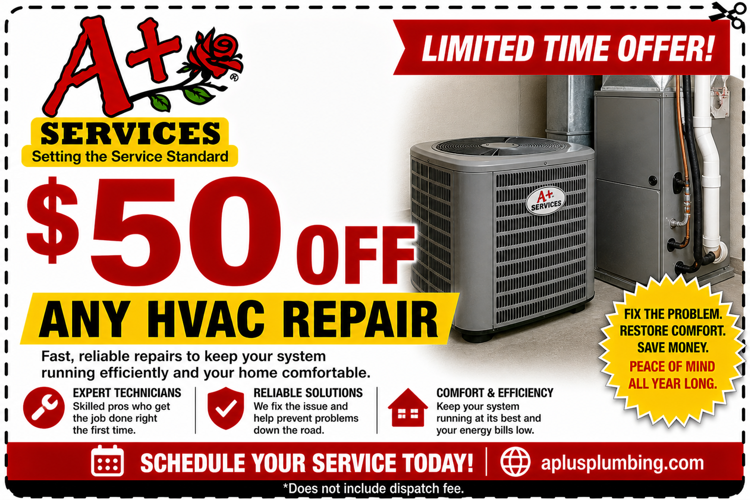 A+ Services HVAC promo with $50 off any HVAC repair and a furnace image