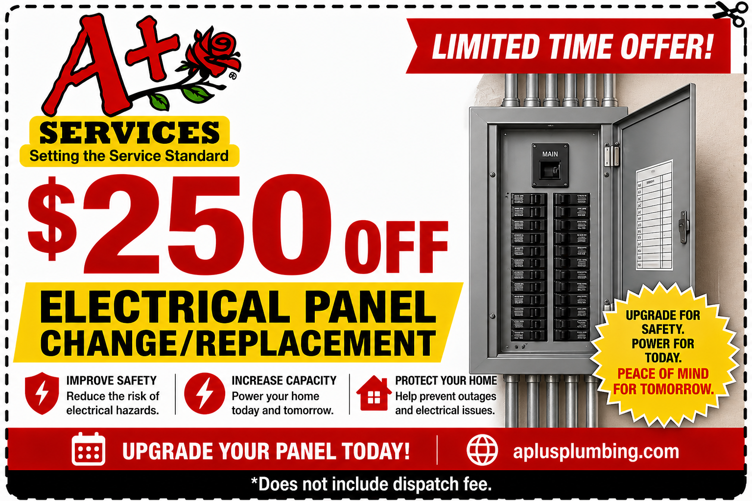 A+ Services ad for $250 off electrical panel change/replacement with panel image and “limited time offer” banner