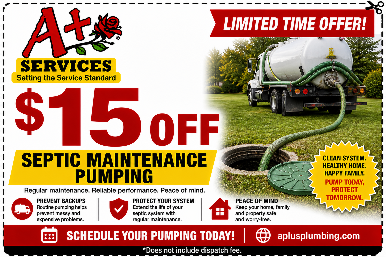 A+ Services septic maintenance pumping ad with $15 off and a septic truck on grass