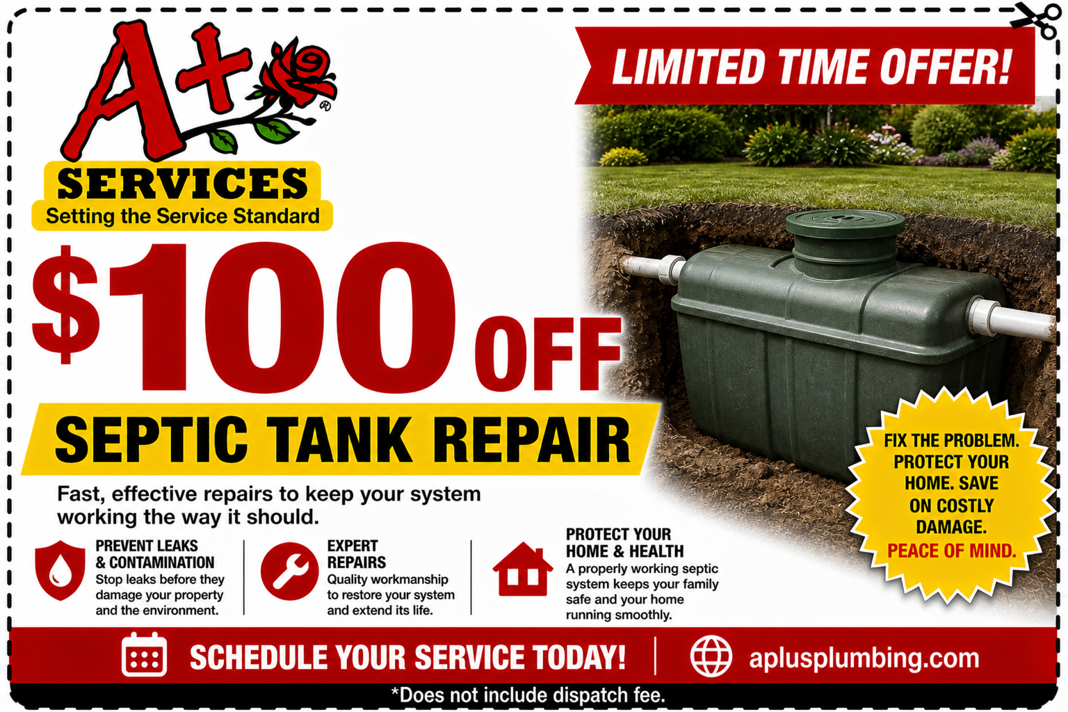 A+ Services ad for $100 off septic tank repair, with red and yellow text and a sewer pipe graphic