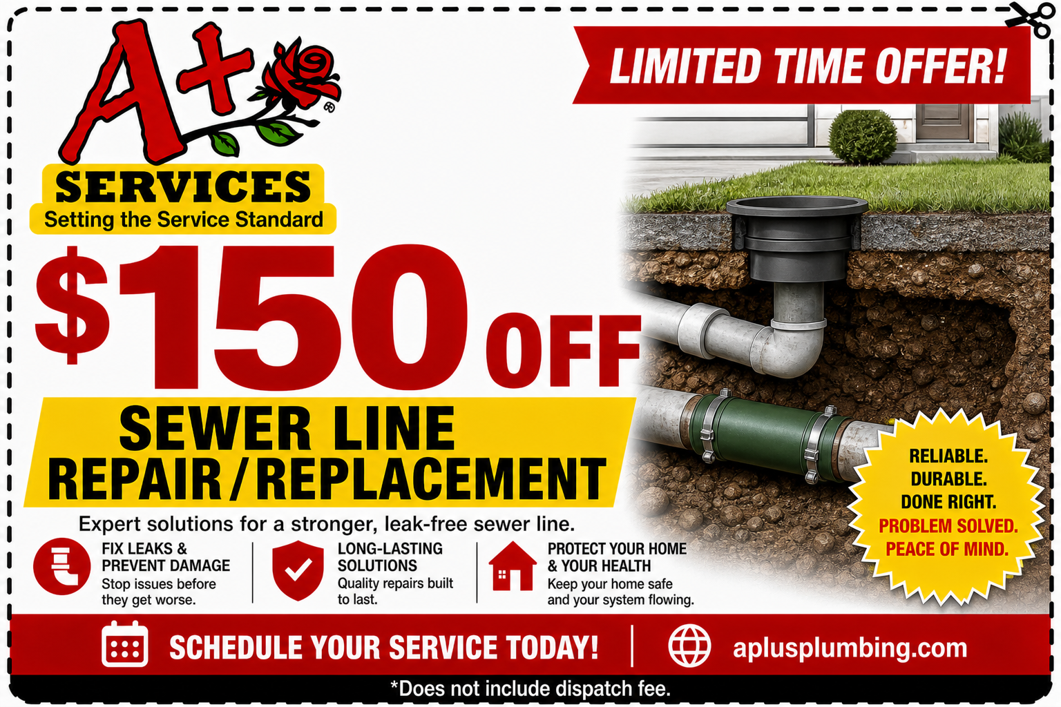 A+ Services ad: $150 off sewer line repair/replacement, with underground pipe graphic and limited-time offer