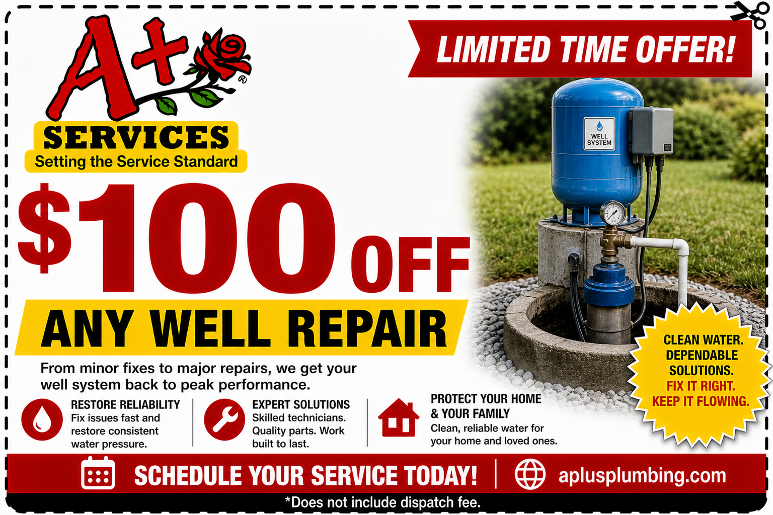 A+ Services ad offering $100 off any well repair, with a well pump photo and “limited time offer” banner