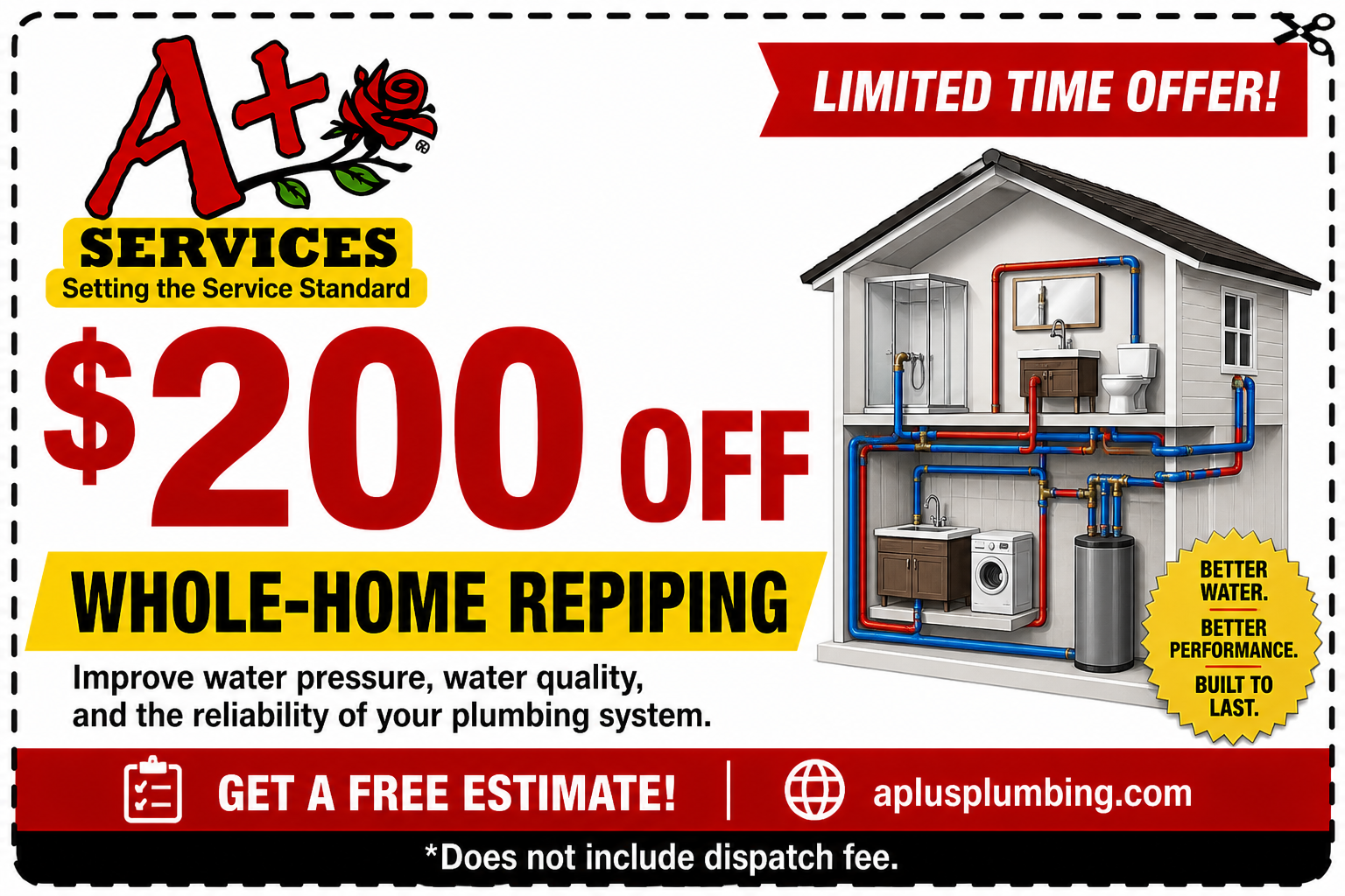 A+ Services ad for $200 off whole-home repiping, with house plumbing diagram and free estimate callout