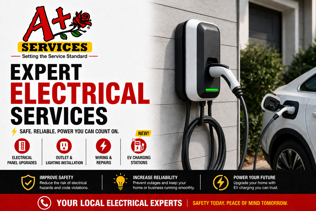 Electric vehicle charger on a garage wall with A+ Services ad for expert electrical services and safety features