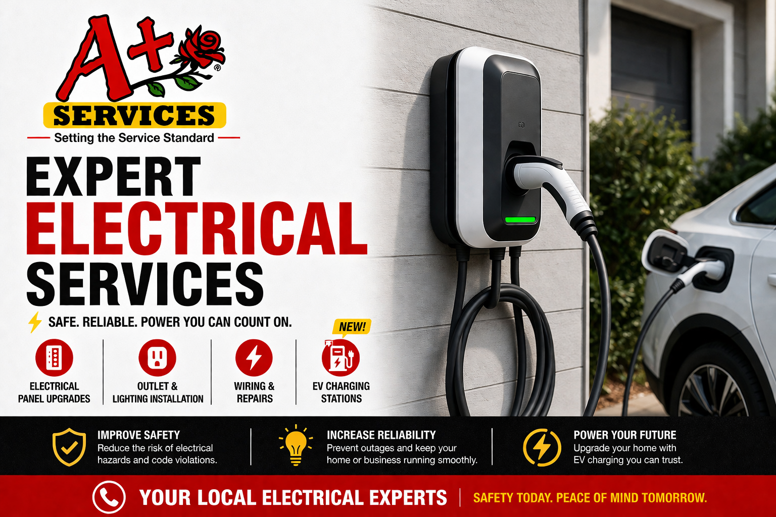 Electric vehicle charger on a garage wall with A+ Services ad for expert electrical services and safety features