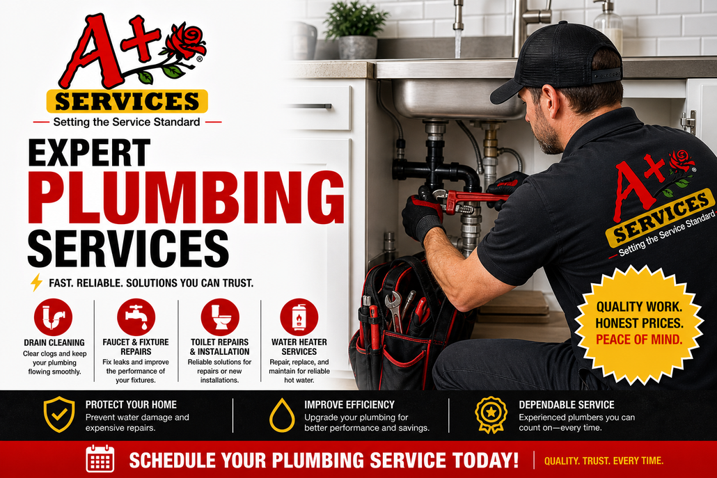 Plumber in black uniform repairing sink under kitchen counter beside bold ad for expert plumbing services