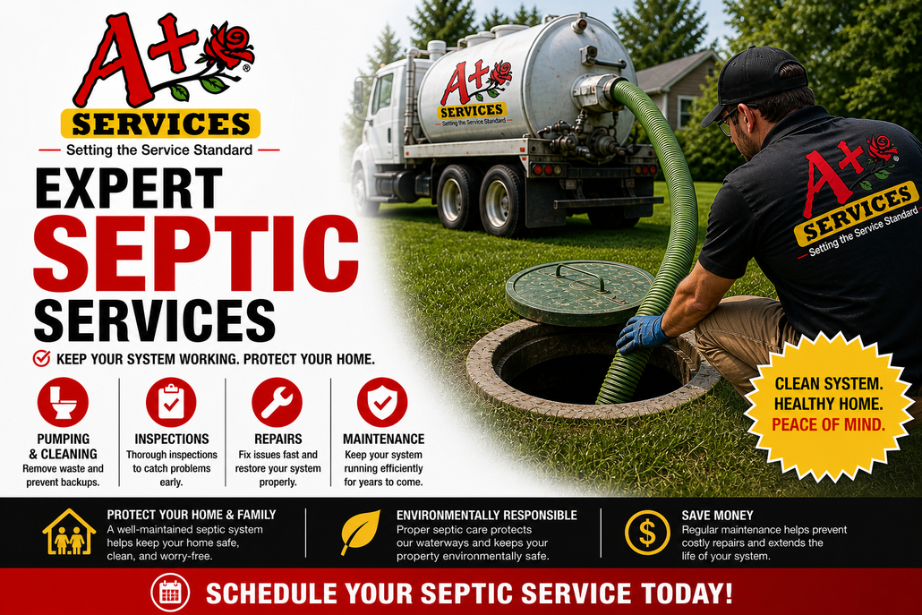 A+ Services septic cleaning ad with truck, worker at open septic tank, and red “Schedule your septic service today!” banner
