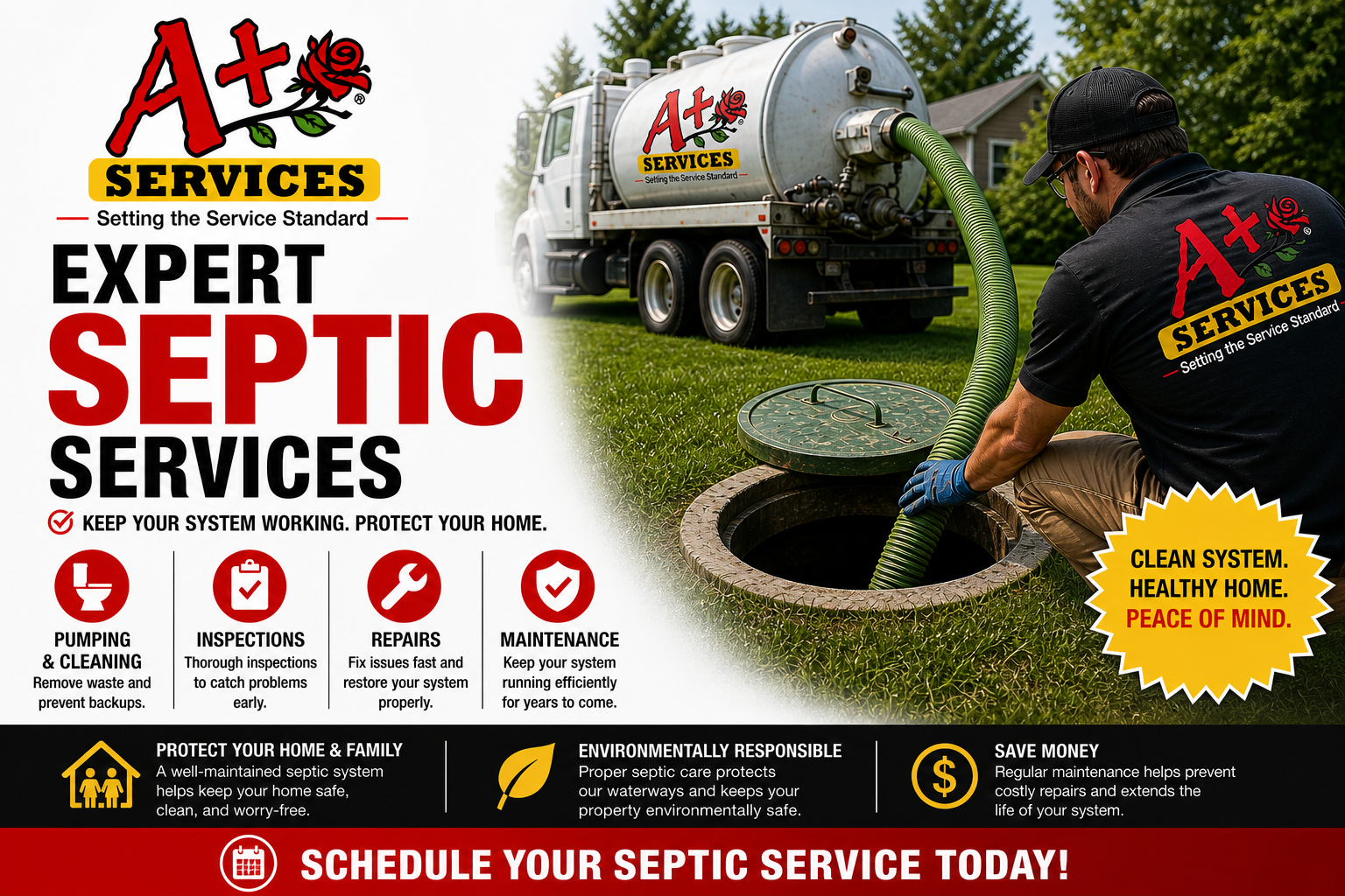 A+ Services septic cleaning ad with truck, worker at open septic tank, and red “Schedule your septic service today!” banner