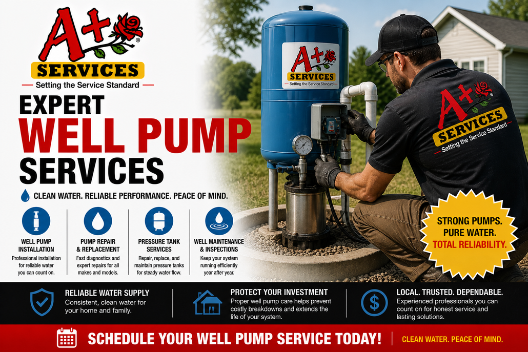 A+ Services ad for expert well pump services, showing a technician working on a blue well pump system outdoors.