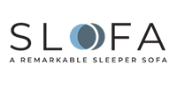 Logo for SLOFA, a remarkable sleeper sofa, featuring the word SLOFA in black with a moon-shaped icon replacing the O.