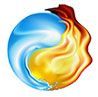 Blue and orange swirling logo resembling a stylized flame or globe