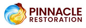 Pinnacle Restoration logo with a blue and orange flame swirl icon and burgundy text
