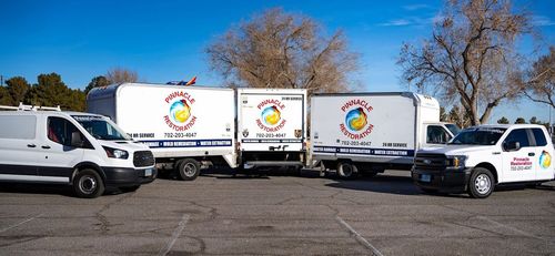 White box trucks lined up in a parking lot under a blue sky, with colorful circular logos on the sides