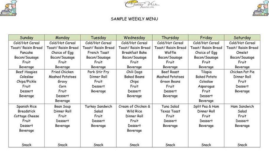 A simple weekly menu is displayed on a white background