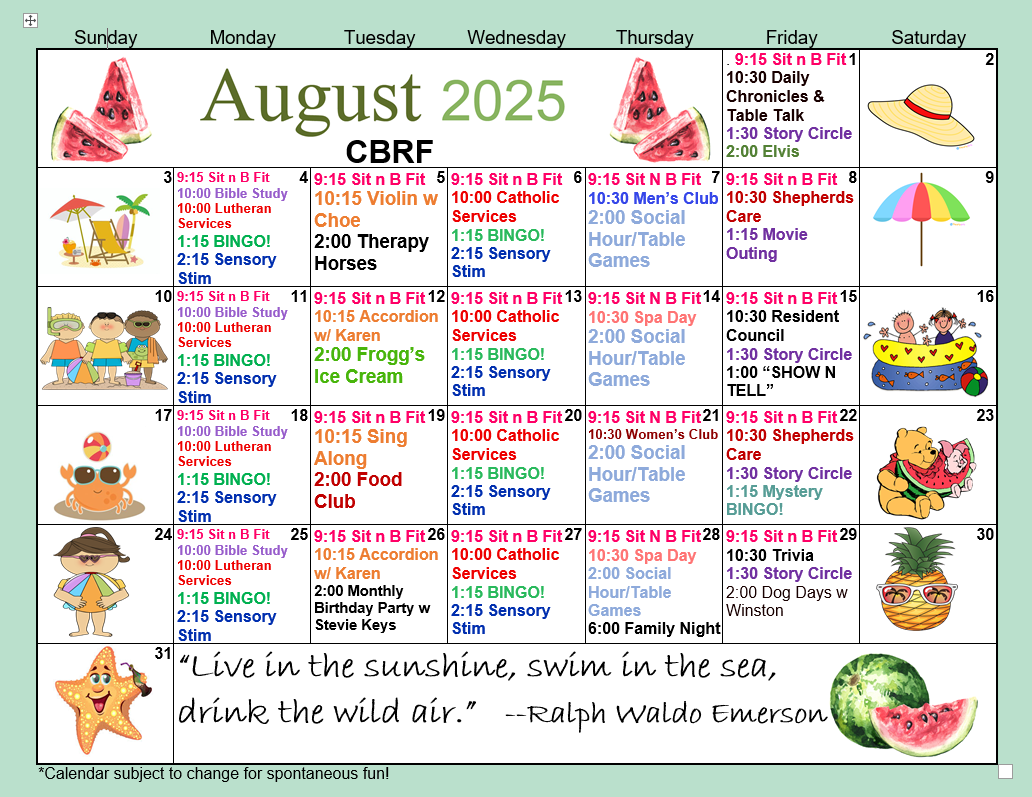 August 2025 calendar, decorated with summer-themed graphics, with text overlay reading 