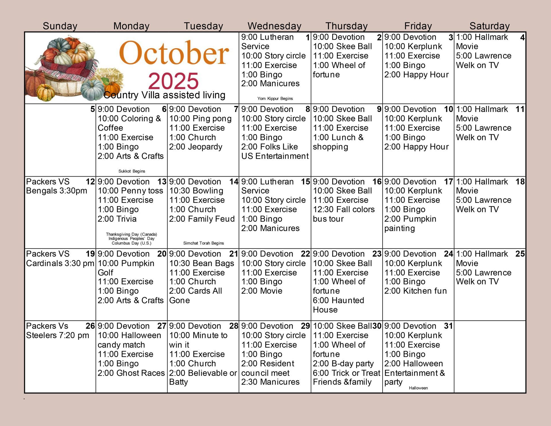 A calendar for October 2025 