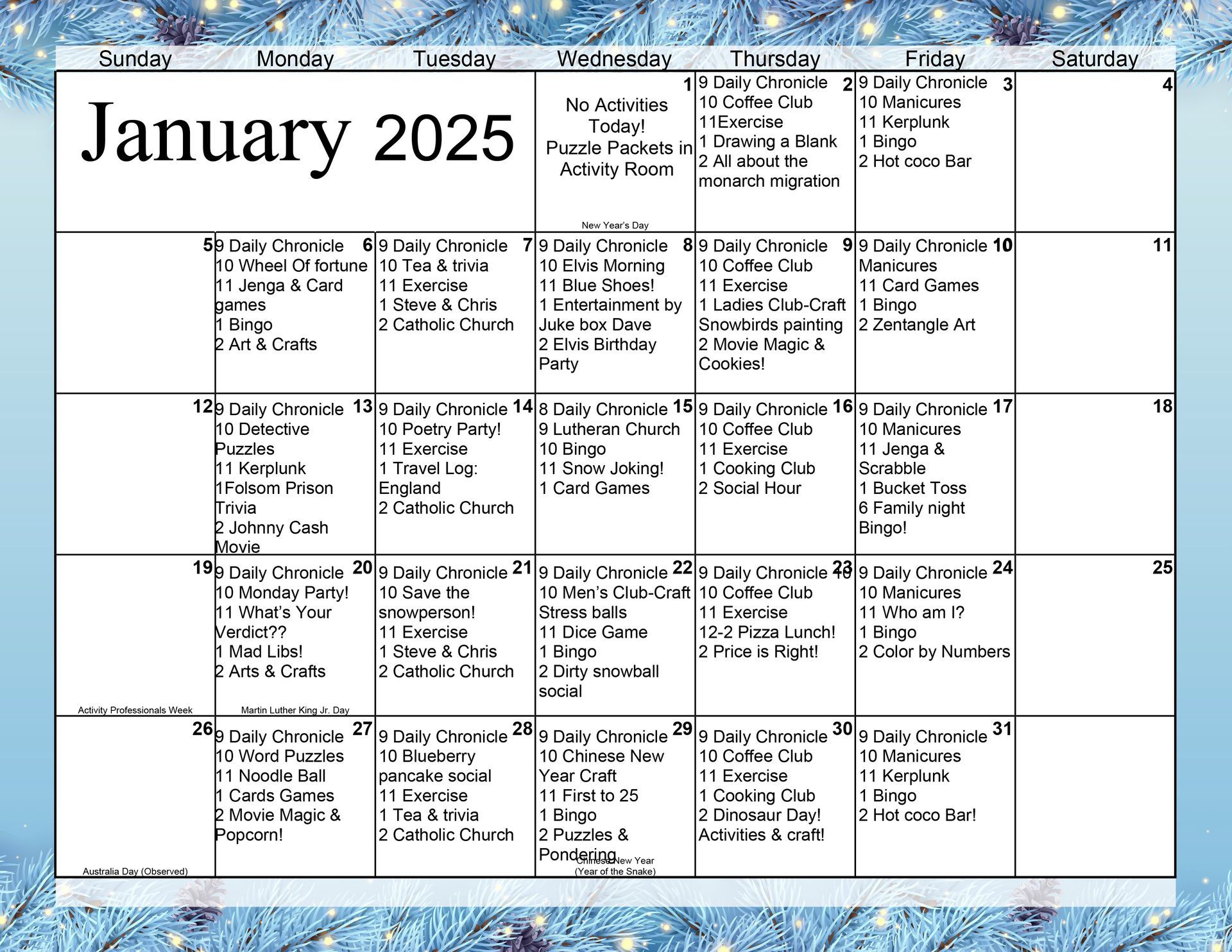 Country Villa Assisted Living - Freedom Activities January 2025 Calendar