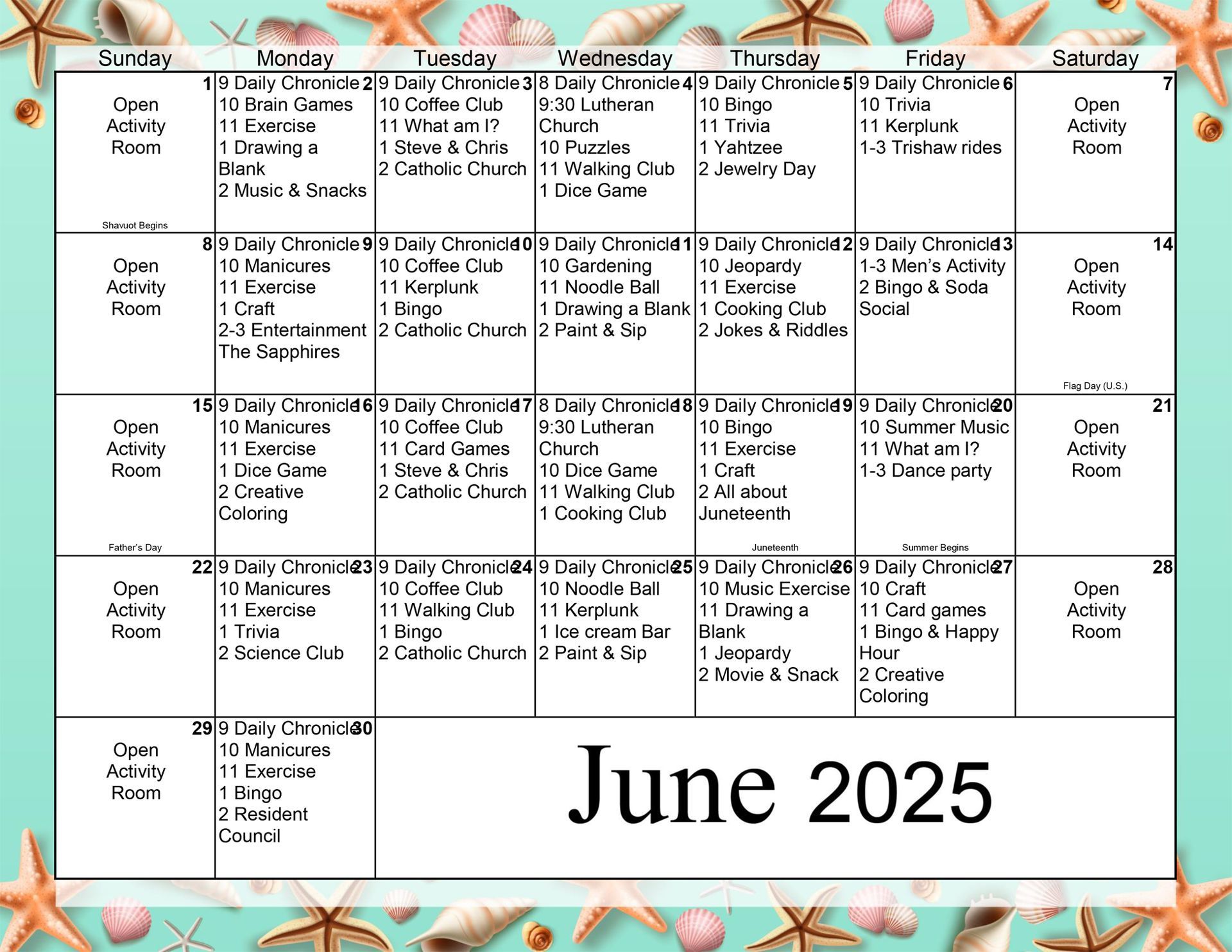 Country Villa Assisted Living - Freedom Activities June 2025 Calendar