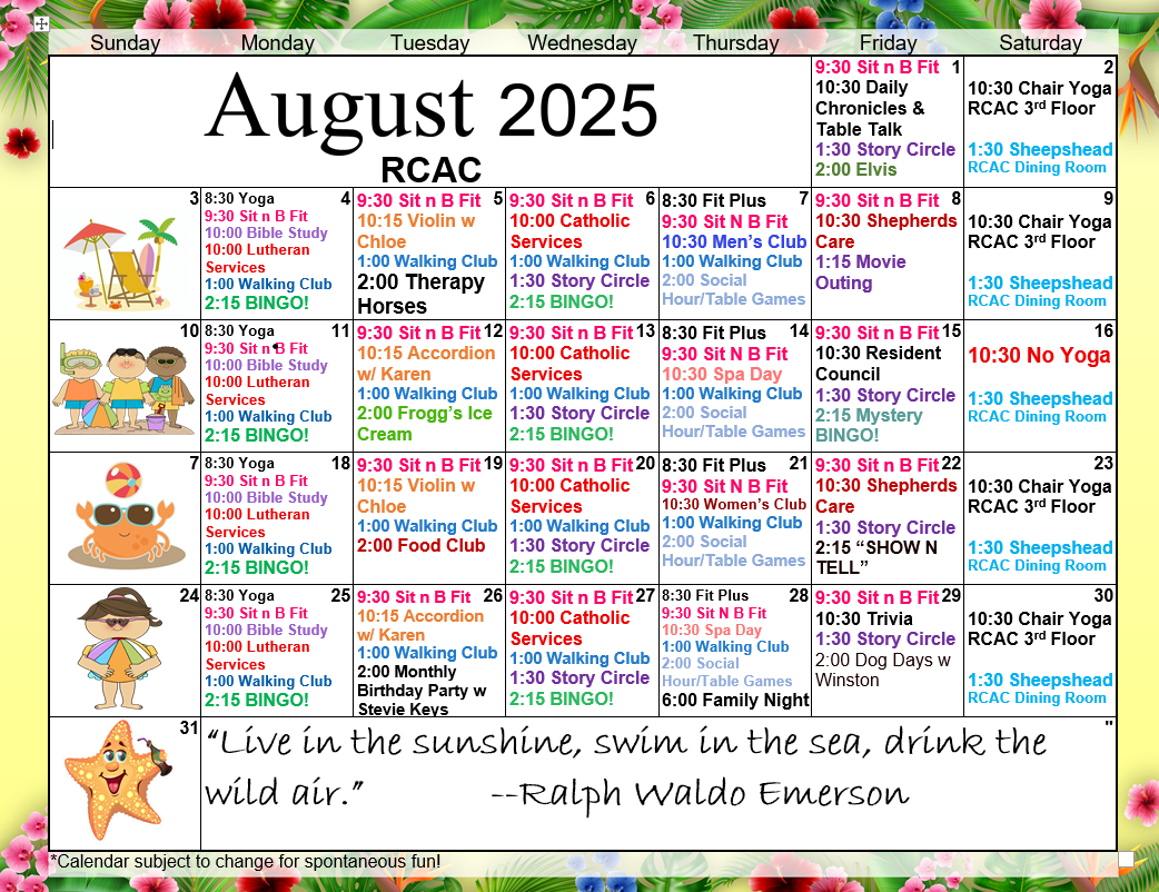 Calendar for August 2025 from RCAC, includes event listings and beach-themed illustrations in a floral border.