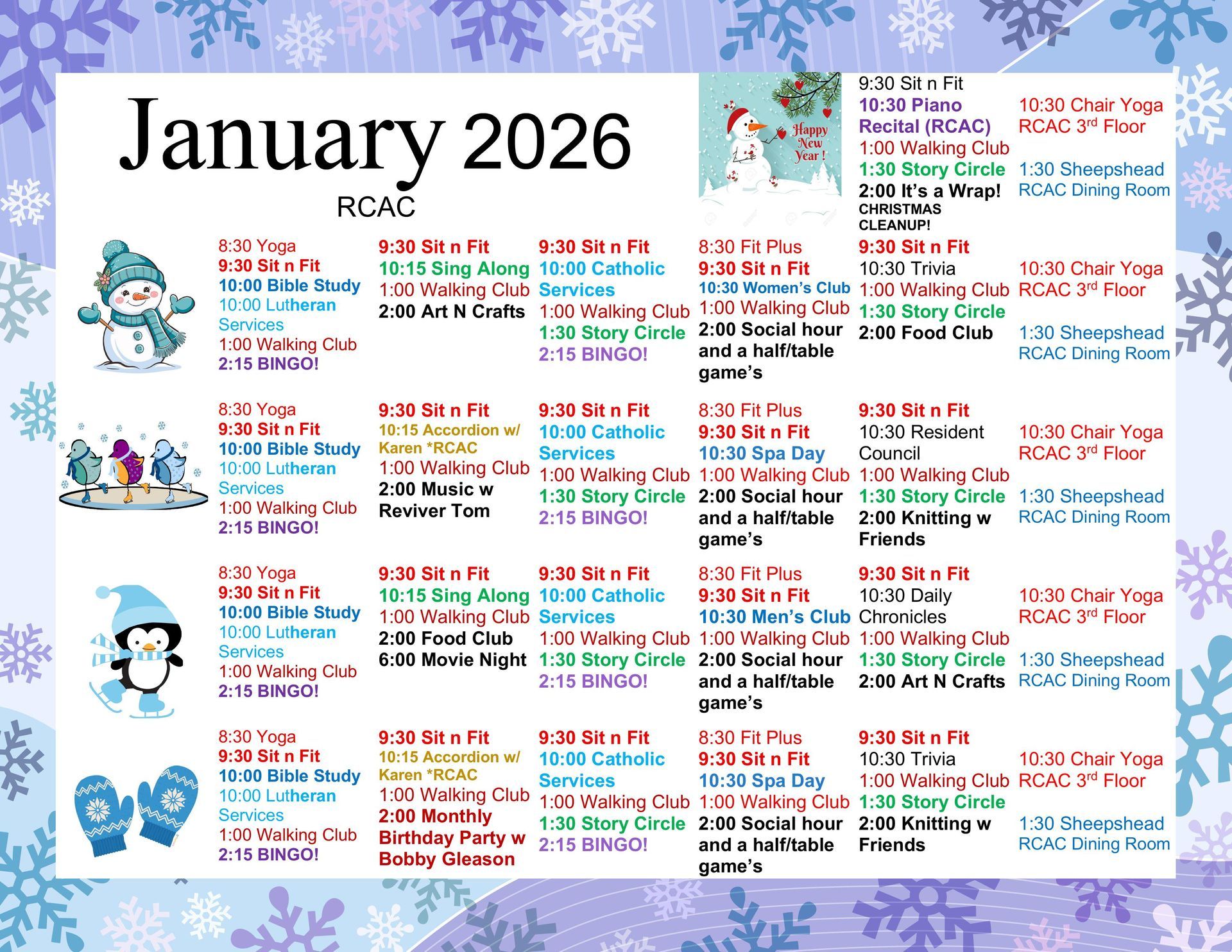 January 2026 calendar with snowman, penguin, and mittens decorations. Schedule of activities.