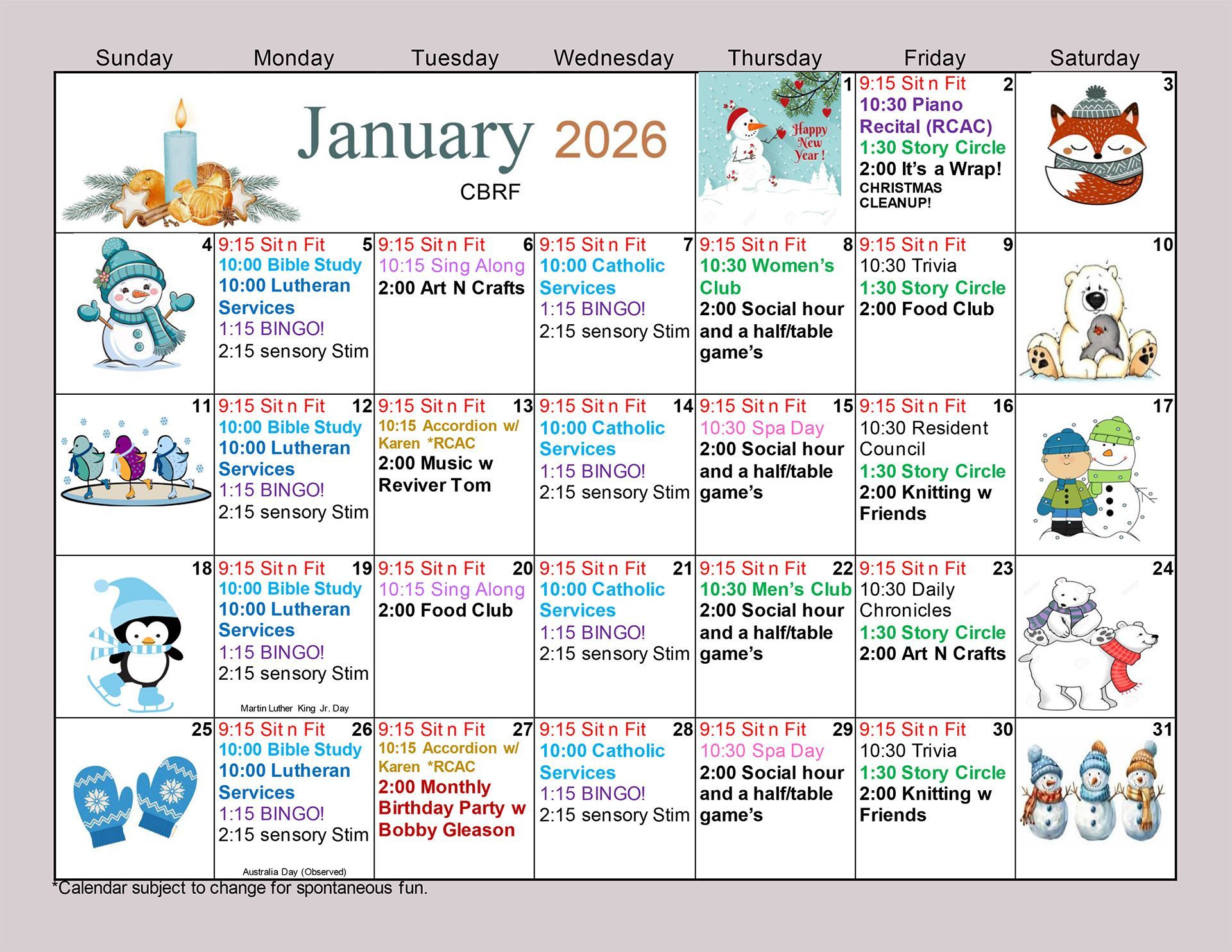 January 2026 CBRF calendar