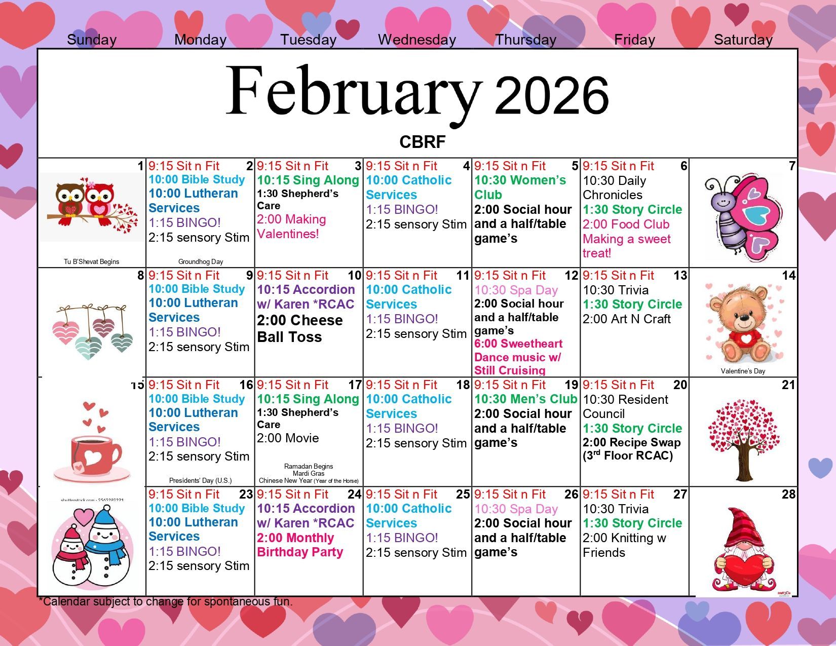 February 2026 calendar with Valentine's Day decorations and events.