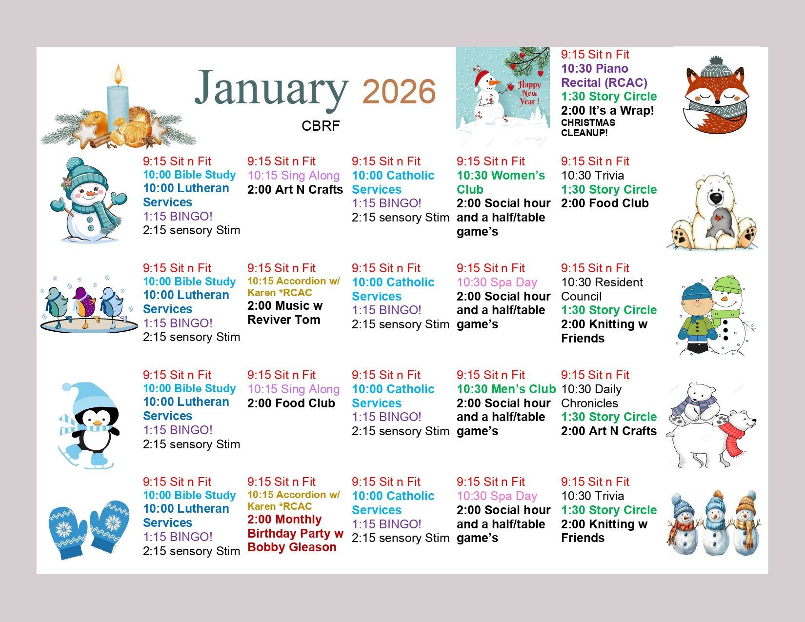 January 2026 calendar with snowman, penguin, fox, and polar bear illustrations. Events noted daily.
