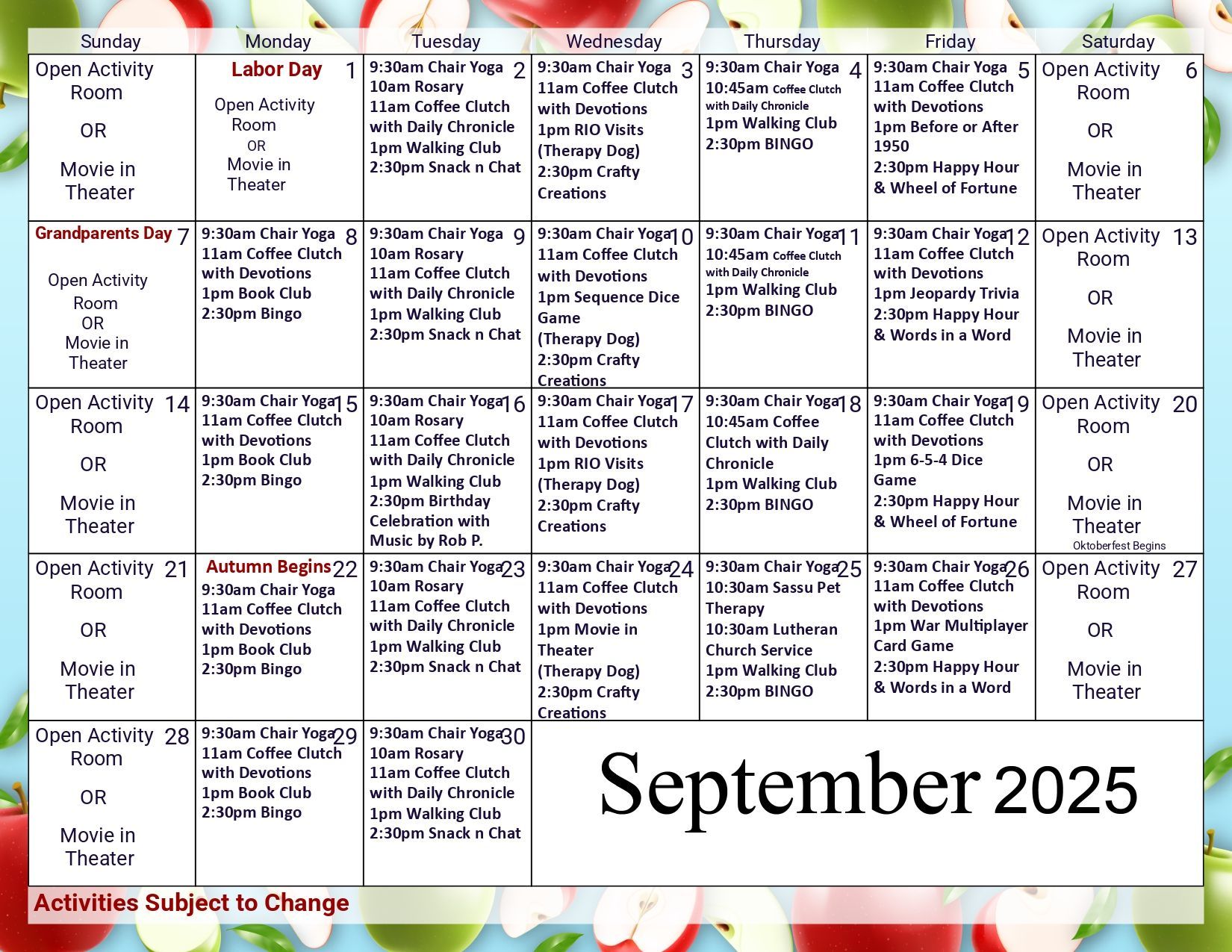 September 2025 calendar with movie theater and other activities listed for each day of the month.
