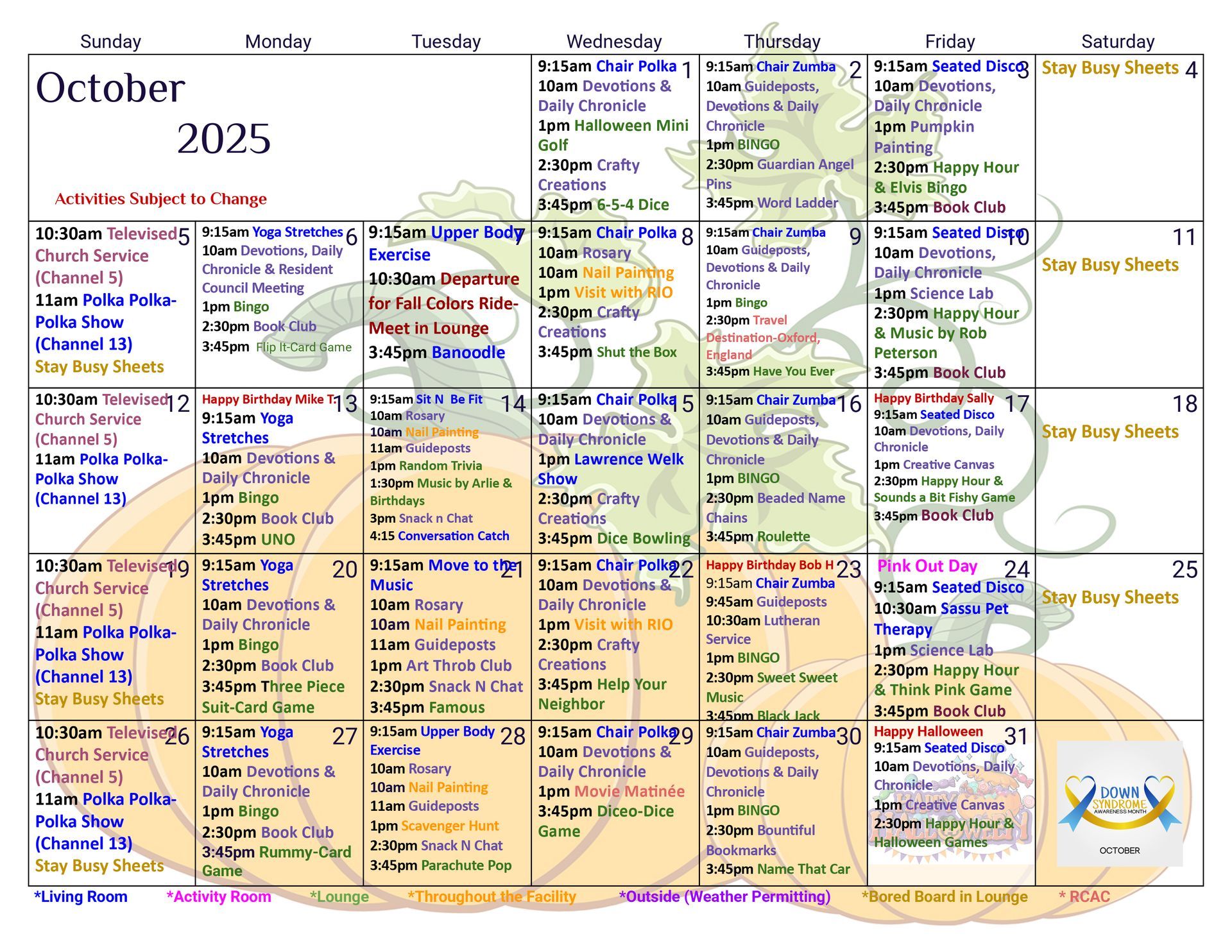 October 2025 calendar with event details, a pumpkin and fall-themed decoration.