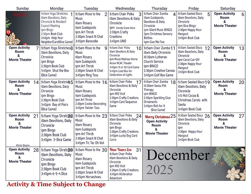A December 2025 calendar with daily events listed, including shows and movie theaters.