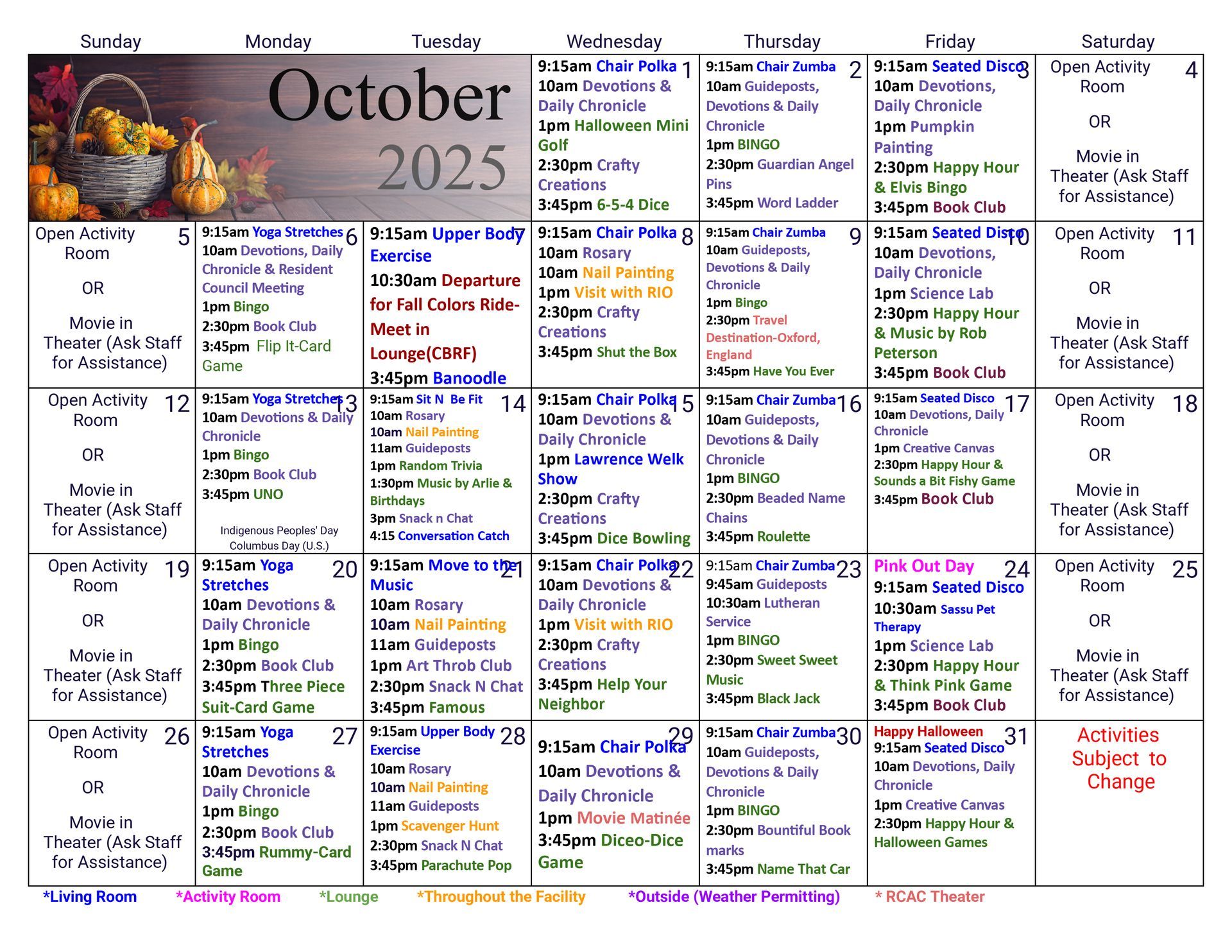 October 2025 calendar with various events scheduled for each day.