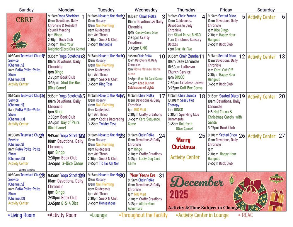 December 2025 calendar with daily events. Activities include yoga, bingo, and craft classes.