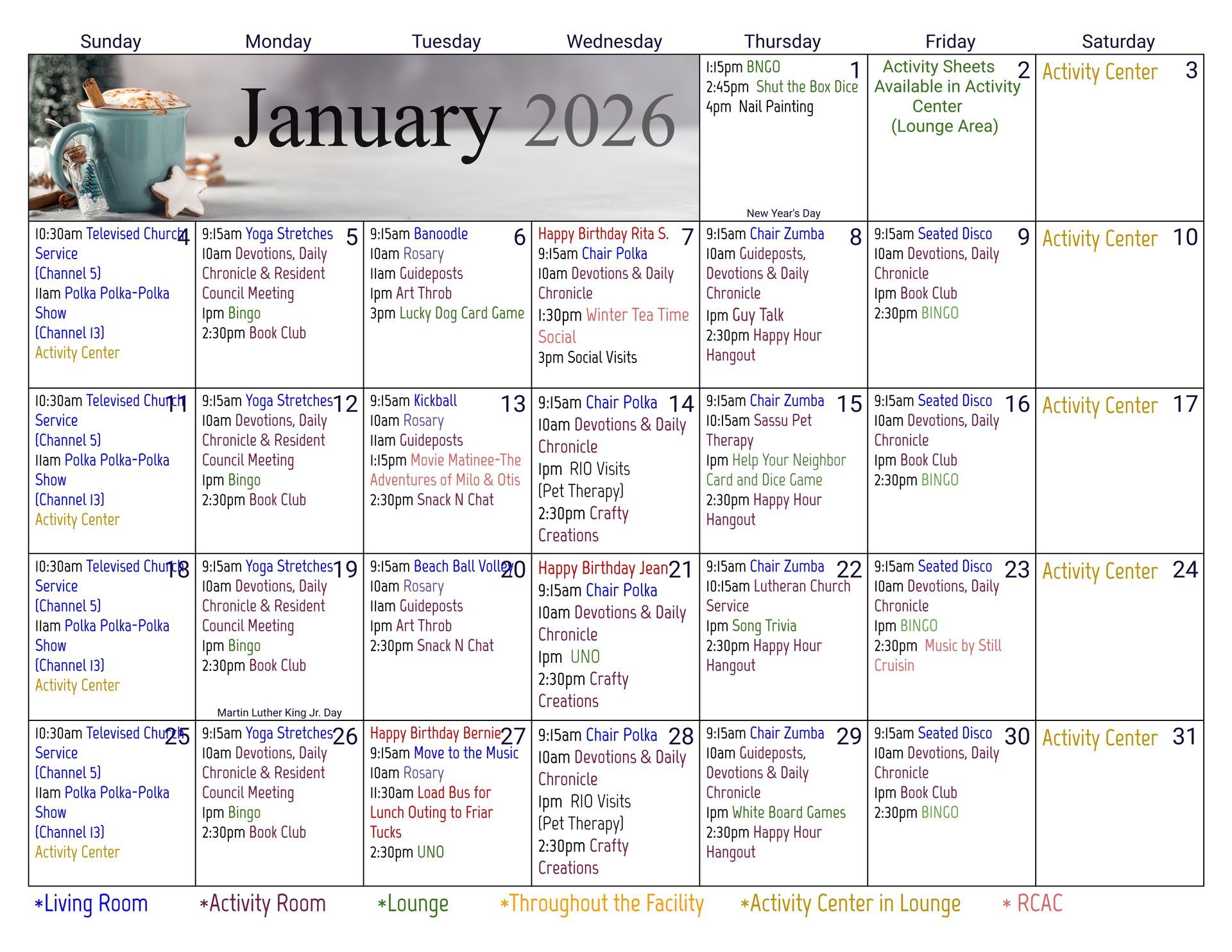 January 2026 calendar with activity listings. Coffee cup in corner.