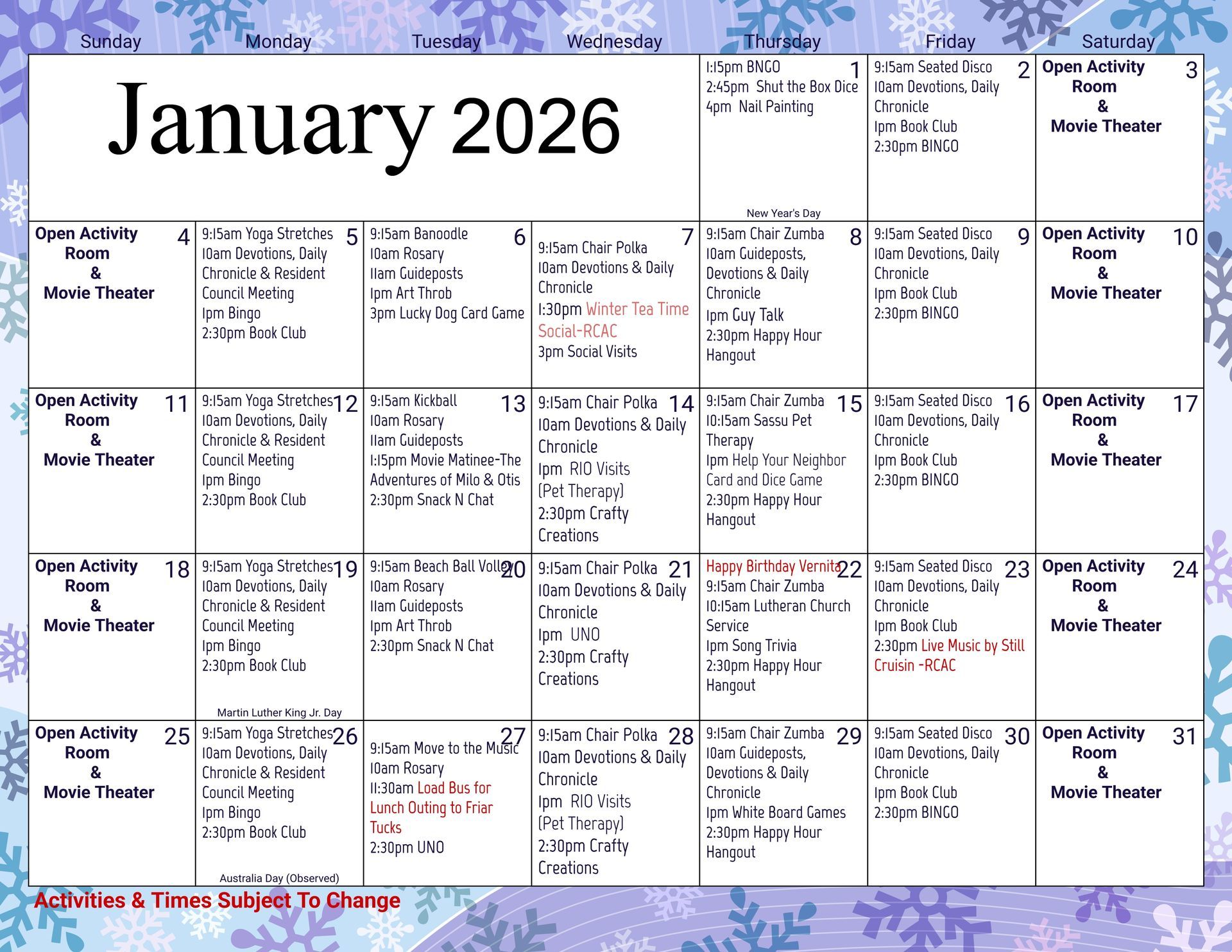 January 2026 calendar with event listings. Dates, days, and event details are displayed in a grid format.