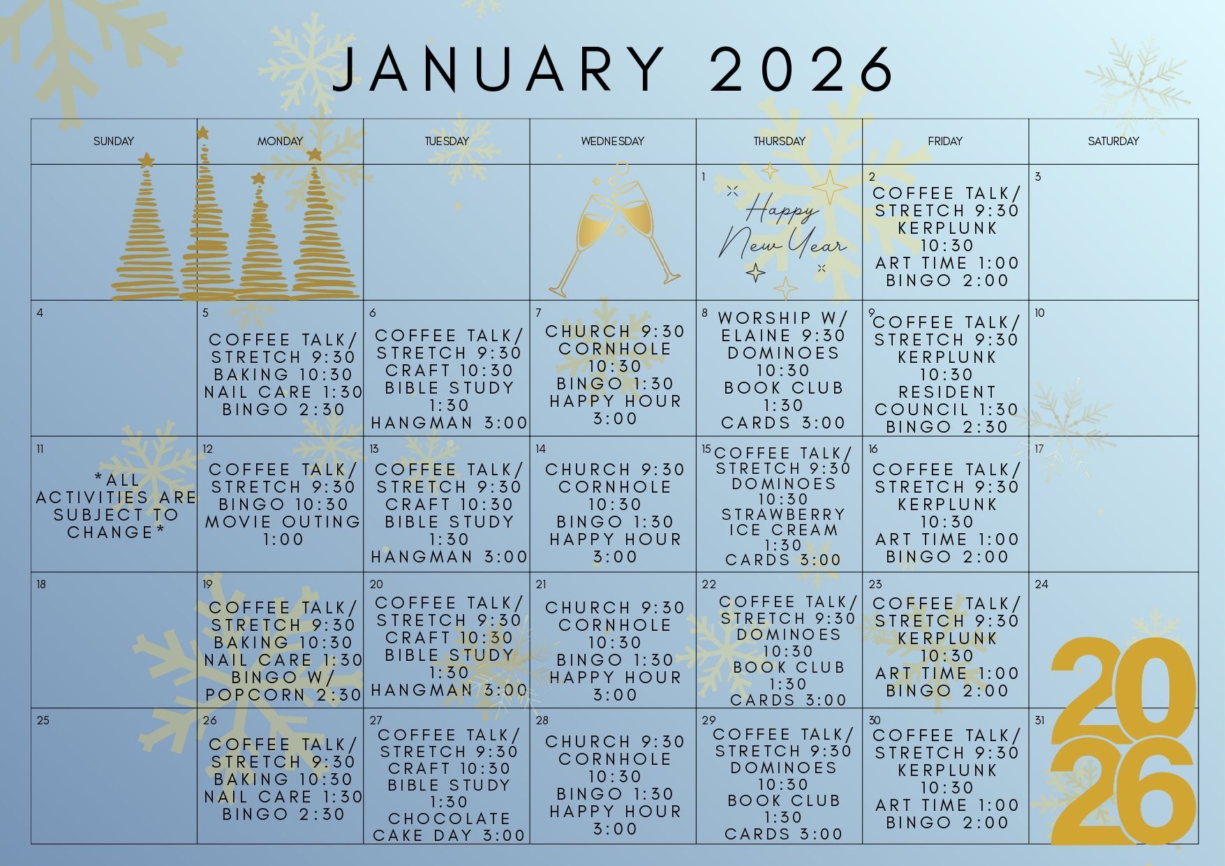 January 2026 calendar with gold trees, champagne glasses, and snowflakes on a blue background.