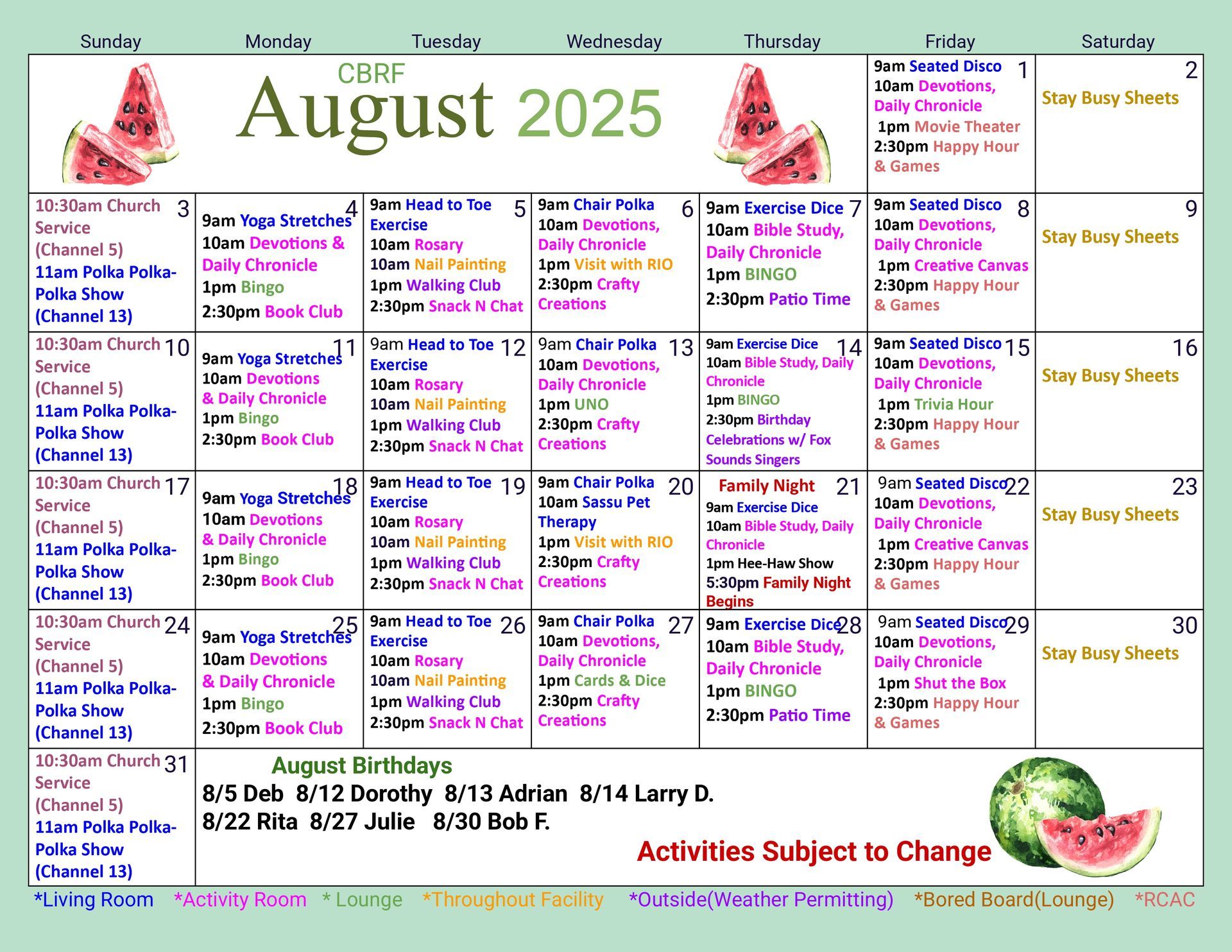 A calendar for August 2025, with daily events listed. Features watermelons and activity schedules.