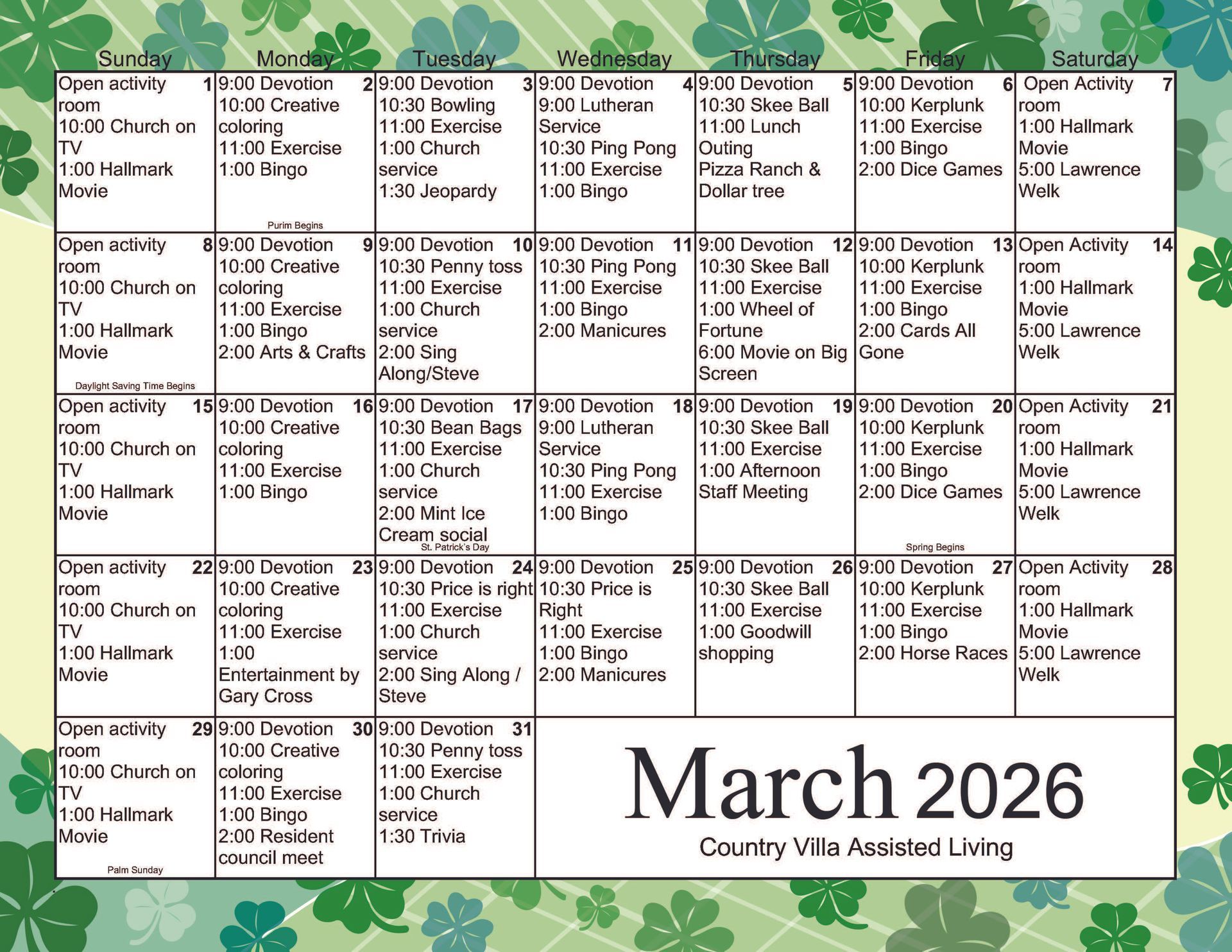 March 2026 calendar, Country Villa Assisted Living, with daily activity schedule and green clover accents.