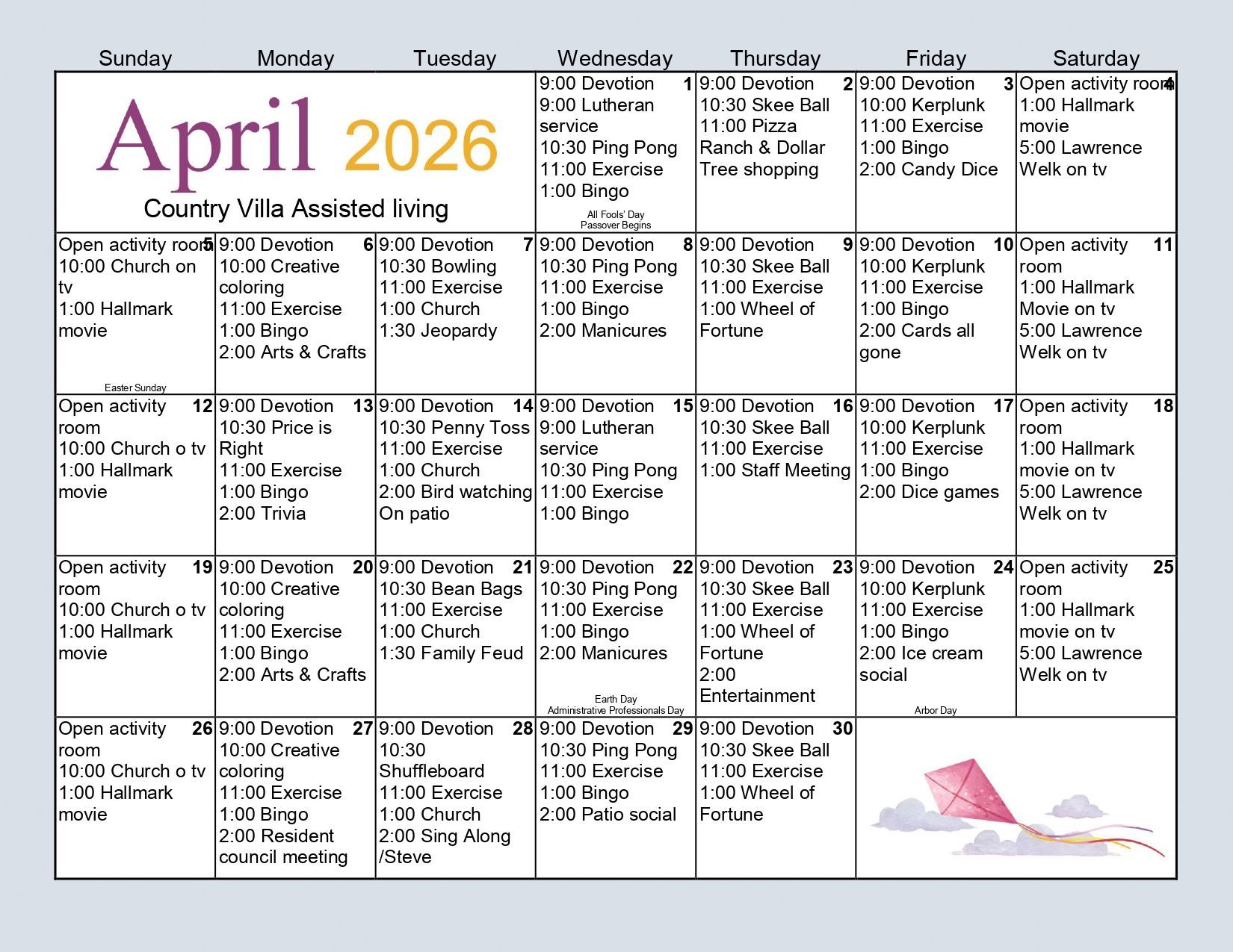 A calendar for Country Villa Assisted Living, April 2026, listing daily activities and events.