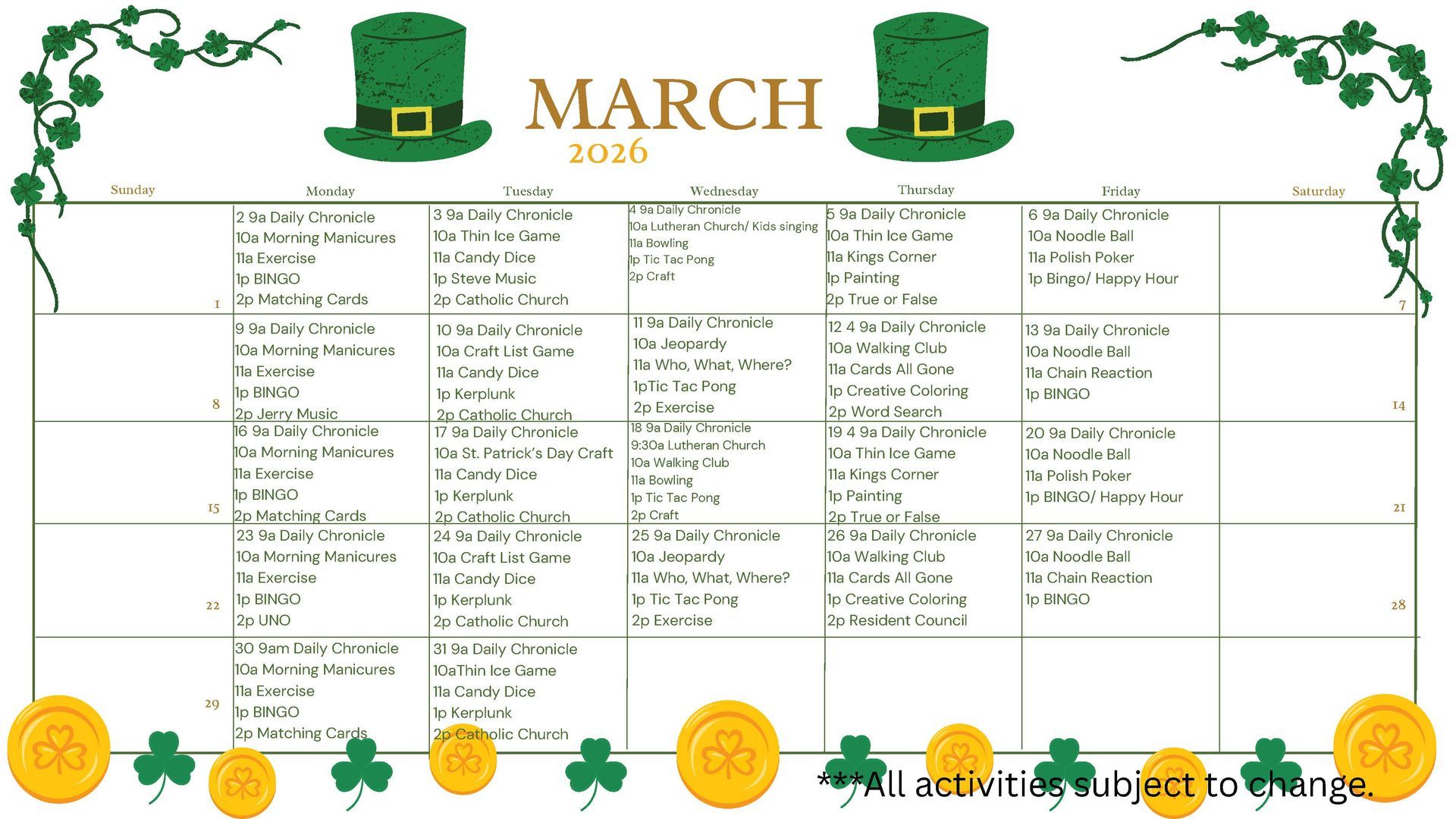 March 2026 calendar with St. Patrick's Day theme; green hats, shamrocks, gold coins.