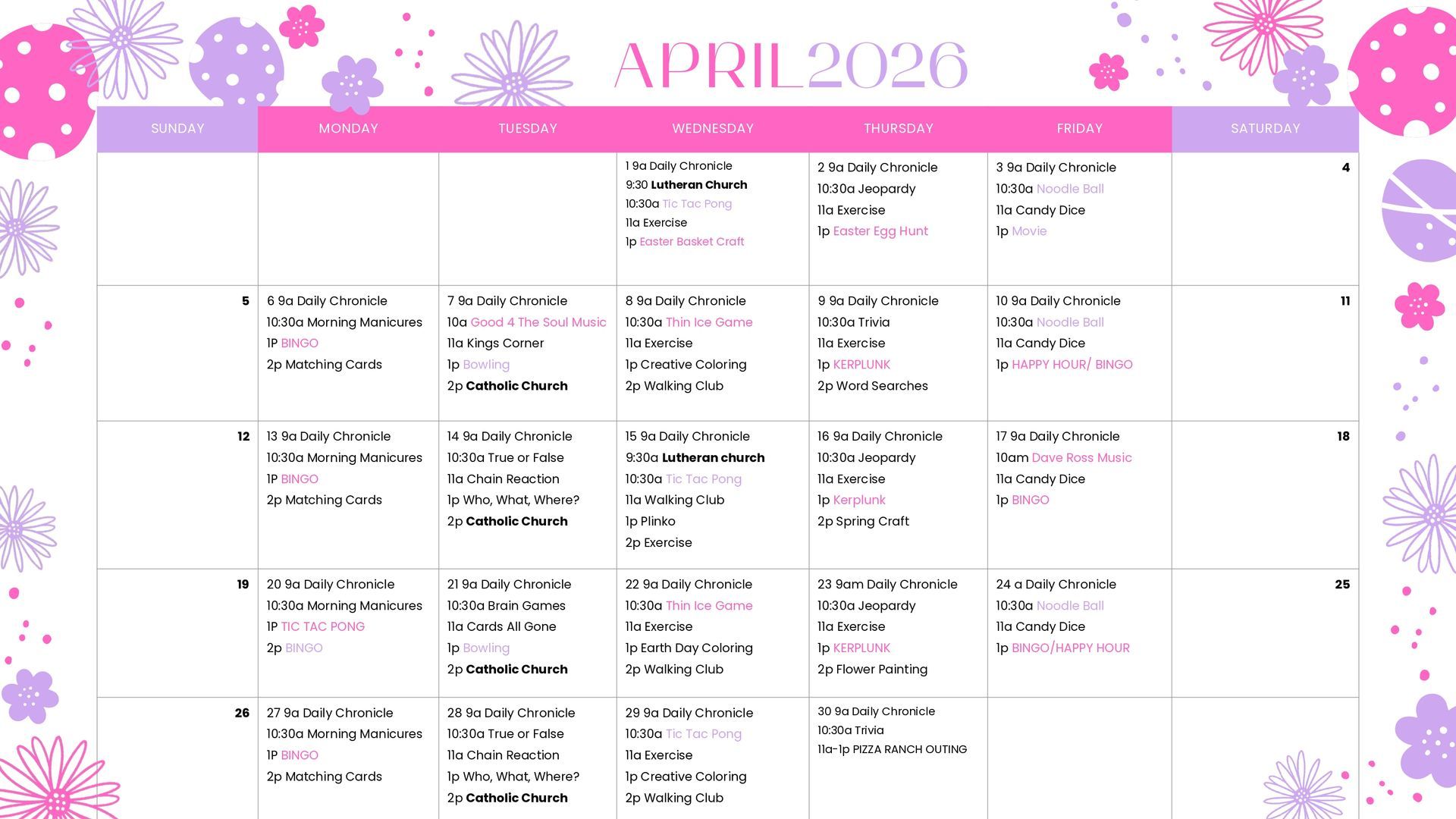 A floral-themed April 2026 calendar grid featuring handwritten-style event entries in a pink and purple color palette.