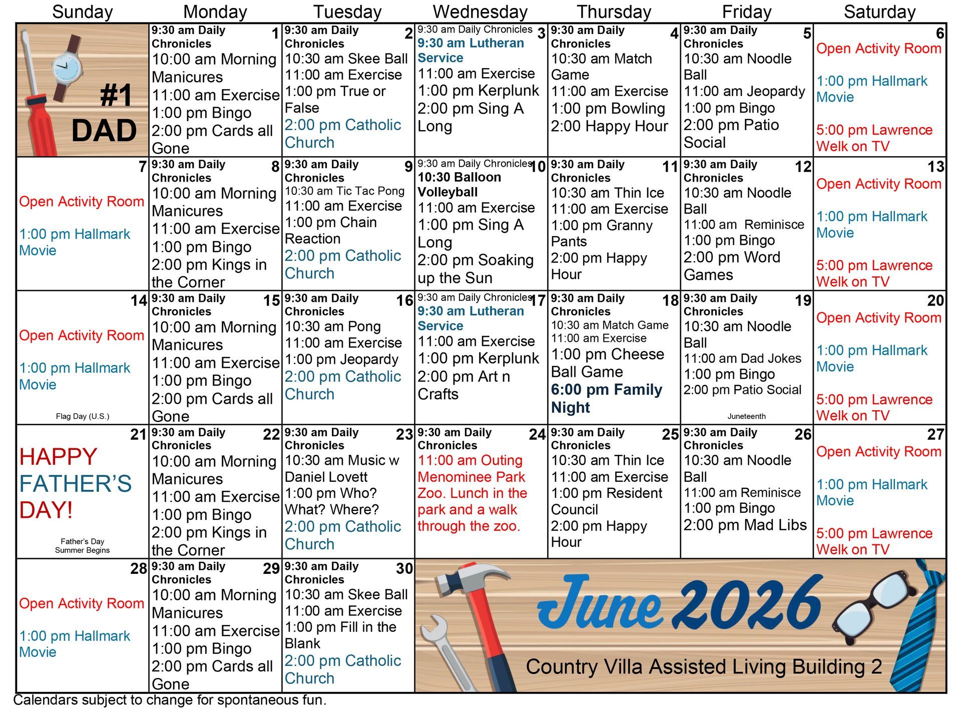 June 2026 church bulletin calendar with daily events, Father’s Day, and Pentecost theme banner