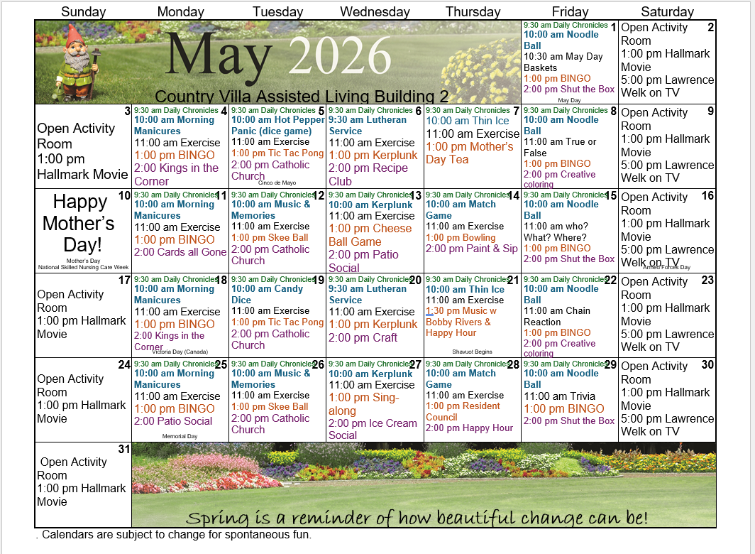 A floral-themed April 2026 calendar grid featuring handwritten-style event entries in a pink and purple color palette.