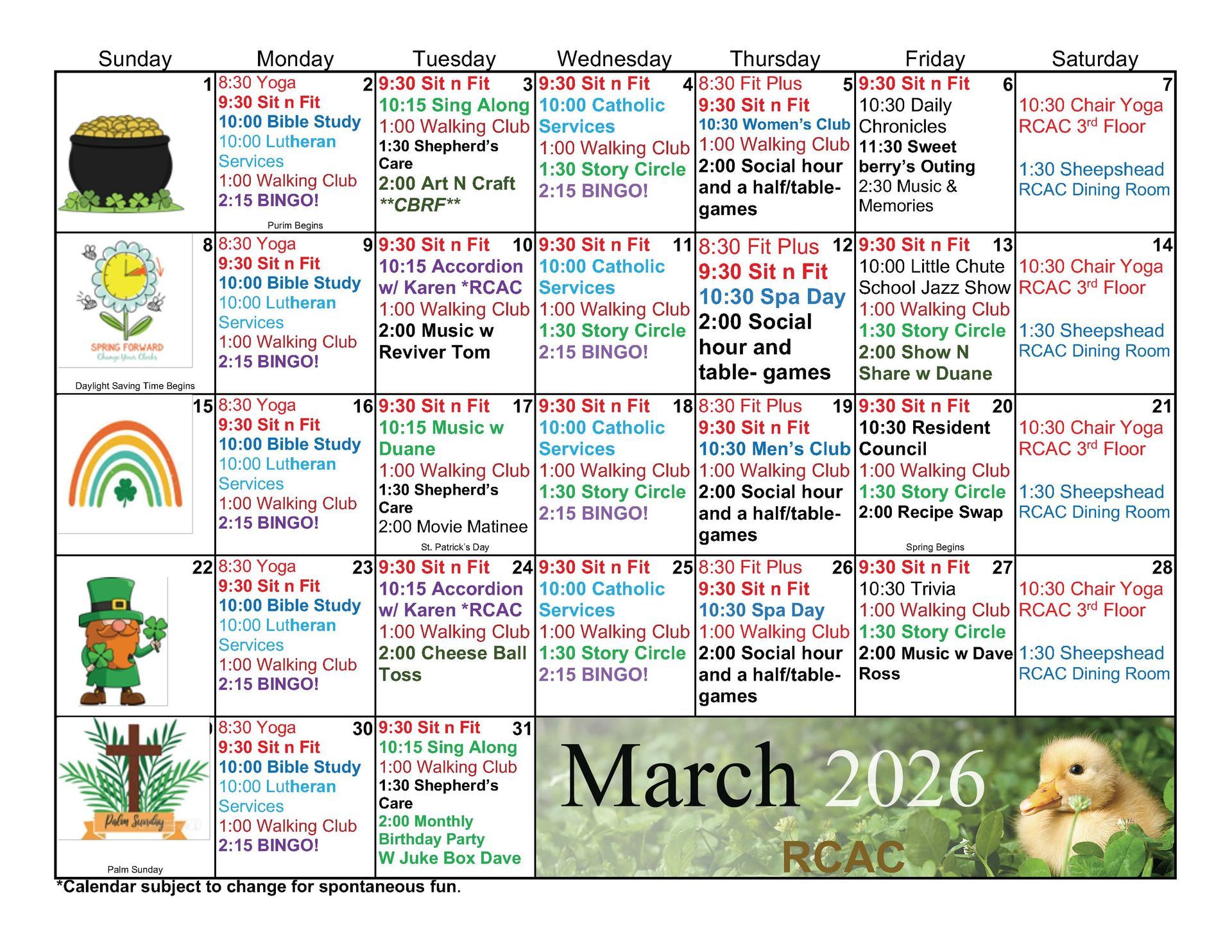 March 2026 calendar for RCAC with daily events, holidays, and cute seasonal images like a leprechaun.